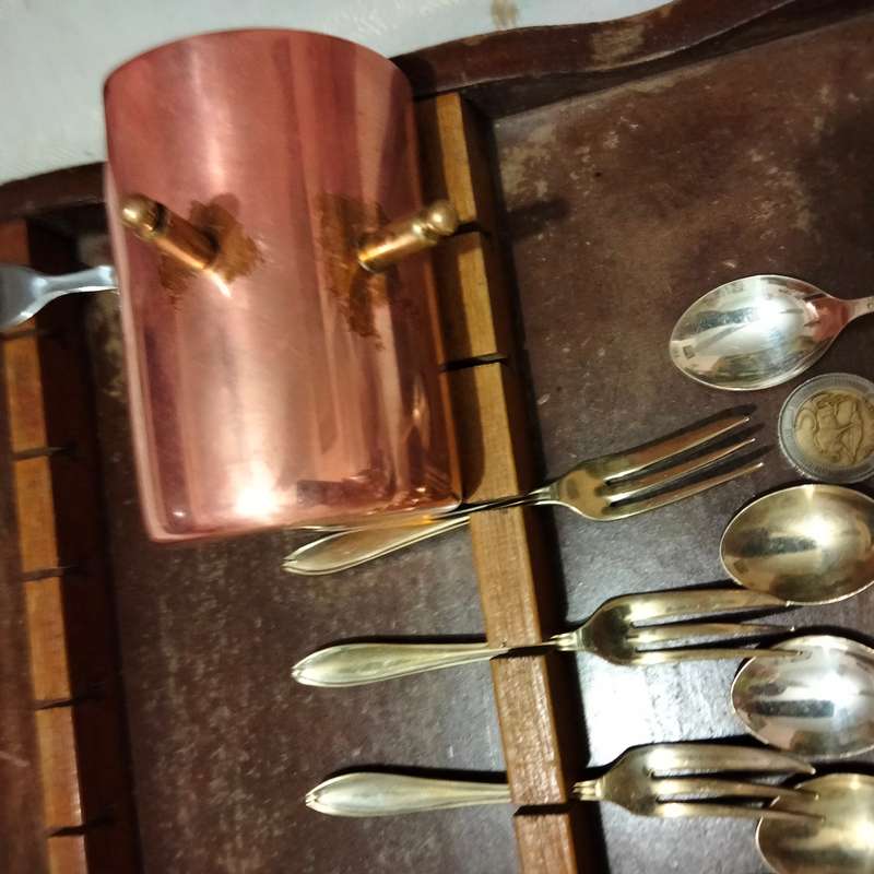 14 Items-6 Tspoons-5 Cake Forks-1 fork-1 COPPER Sugar bowl  blue Coal Scuttle Wood cake fork stand