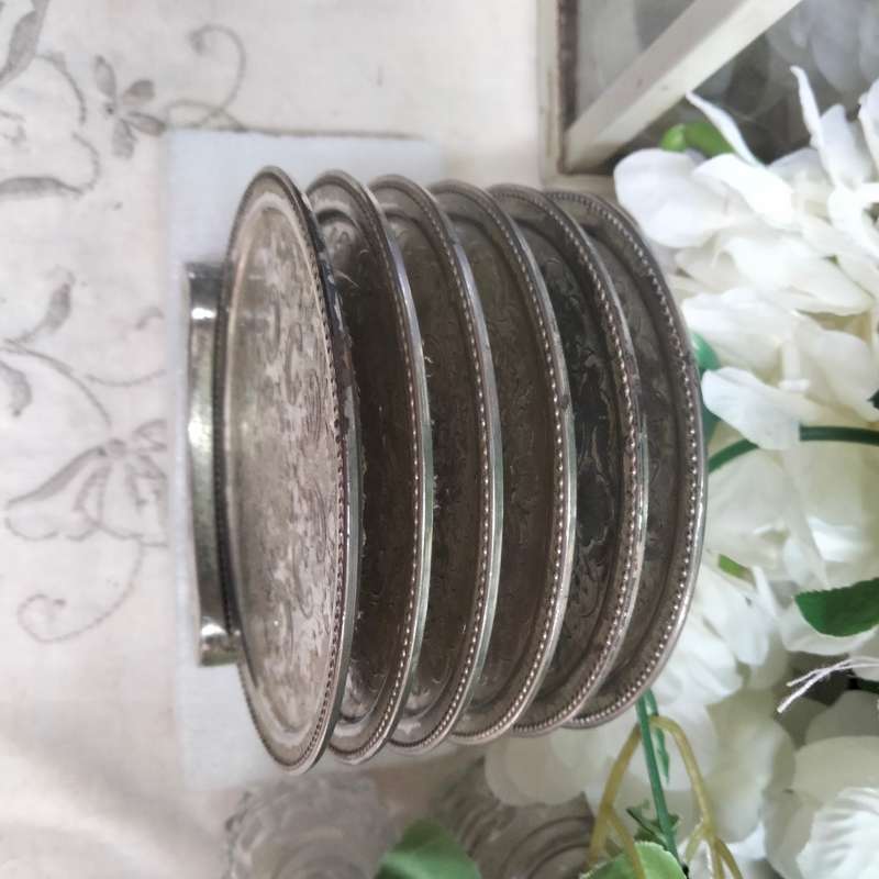 IANTHE silver plated -6 Drip Coasters+Stand-England LOOK at my BUY NOW listings NO WAITING Waiting