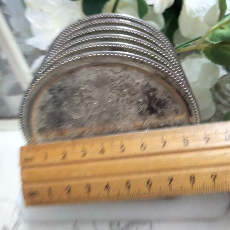 IANTHE silver plated -6 Drip Coasters+Stand-England LOOK at my BUY NOW listings NO WAITING Waiting