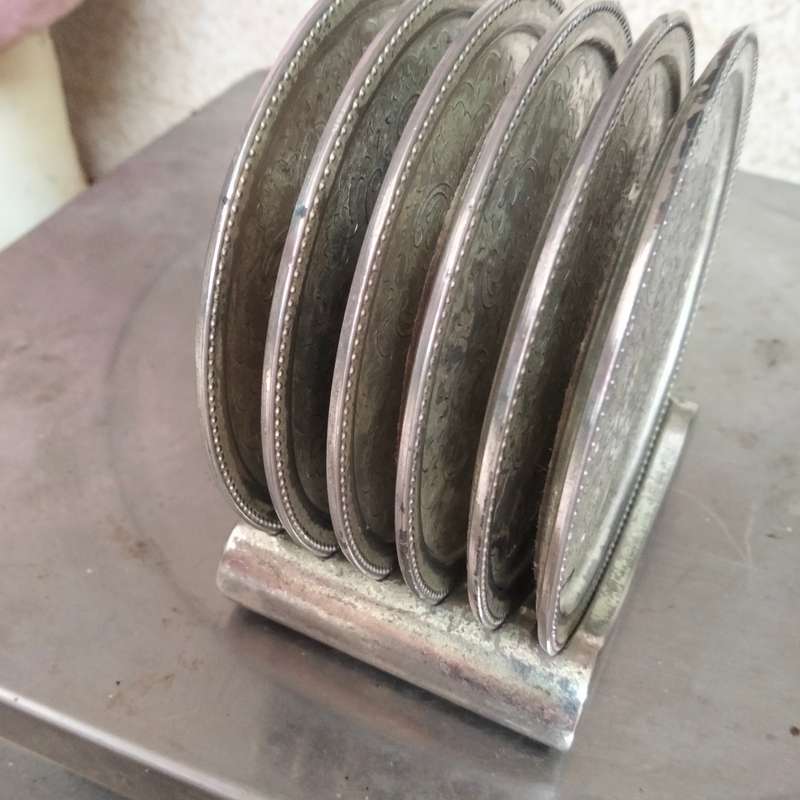 IANTHE silver plated -6 Drip Coasters+Stand-England LOOK at my BUY NOW listings NO WAITING Waiting