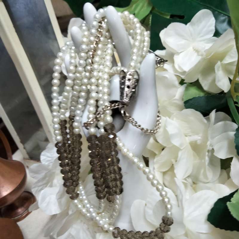 Necklace 4 Strand -Smokey Crystal faceted +Synthetic Pearls LOOK at my BUY NOW LISTINGS NO WAITING