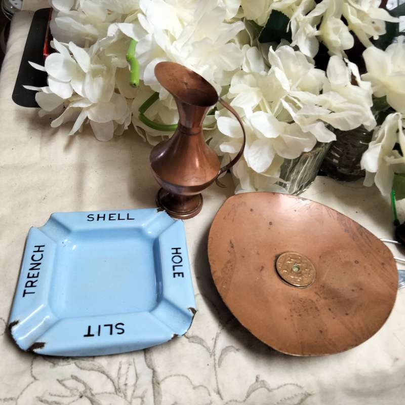 3- 2 Ashtrays Metal Enamel + Copper Rhodesia coin+1 Small jug LOOK At My BUY NOW LISTINGS NO WAITING