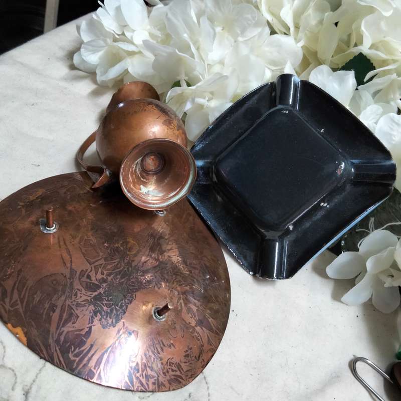 3- 2 Ashtrays Metal Enamel + Copper Rhodesia coin+1 Small jug LOOK At My BUY NOW LISTINGS NO WAITING