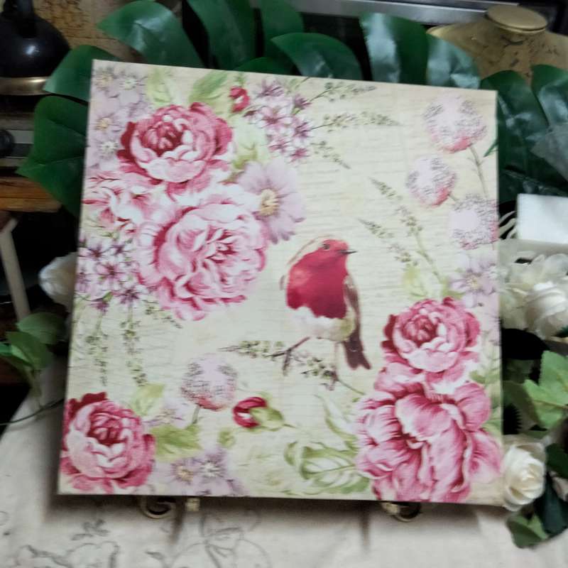 PAINTING Bird + floral scene-Canvas stretched over wood frame LOOK At My BUY NOW LISTING NO WAITING