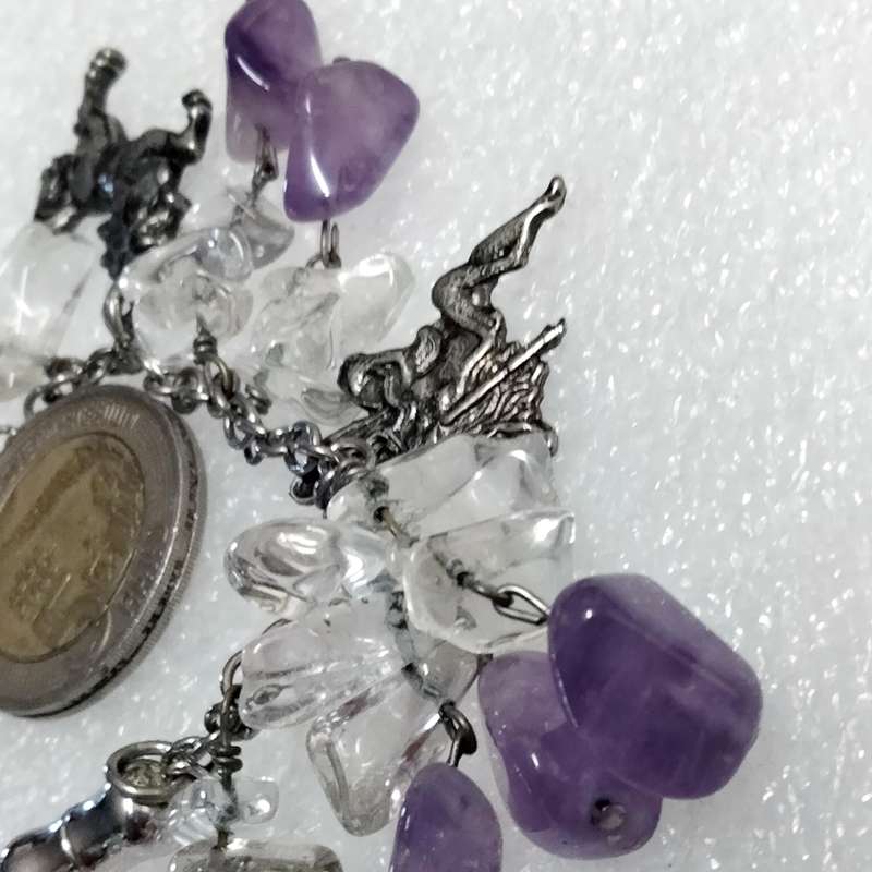Bracelet -Amethyst gemstones Silver Tone chain+charms Silver Tone LOOK At My  BUY NOW* NO WAITING