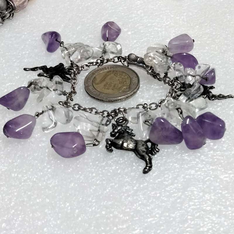 Bracelet -Amethyst gemstones Silver Tone chain+charms Silver Tone LOOK At My  BUY NOW* NO WAITING