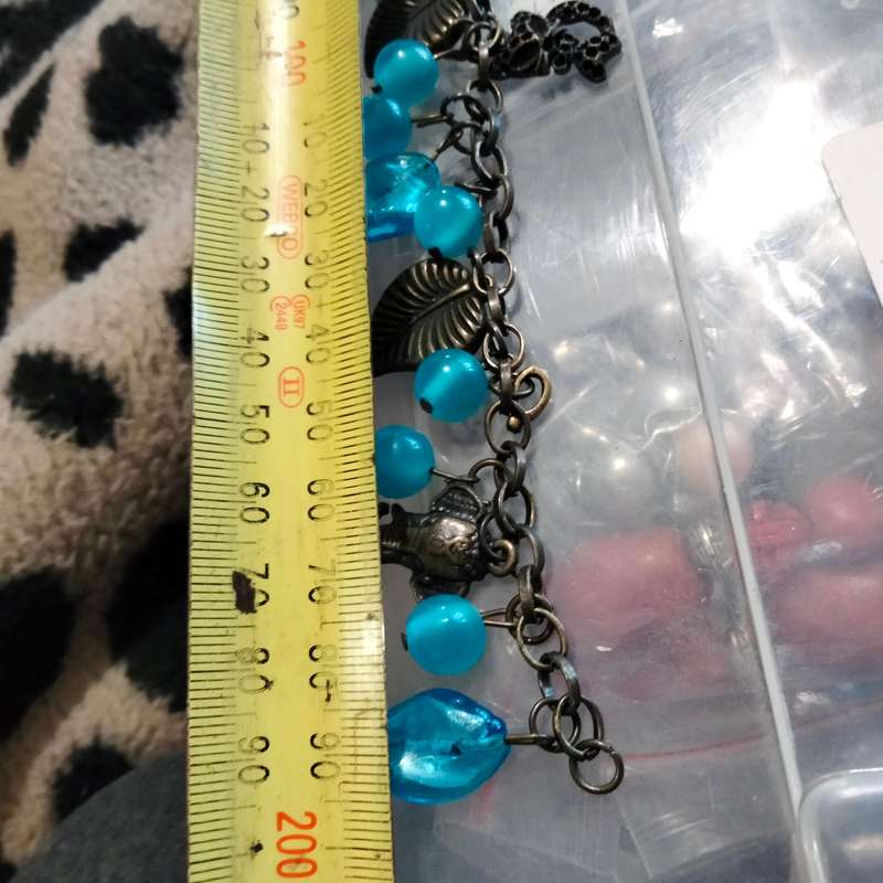 BRACELET Vintage Murano 12  blue lampwork glass beads handcrafted +6 Charms chain Oxidised style