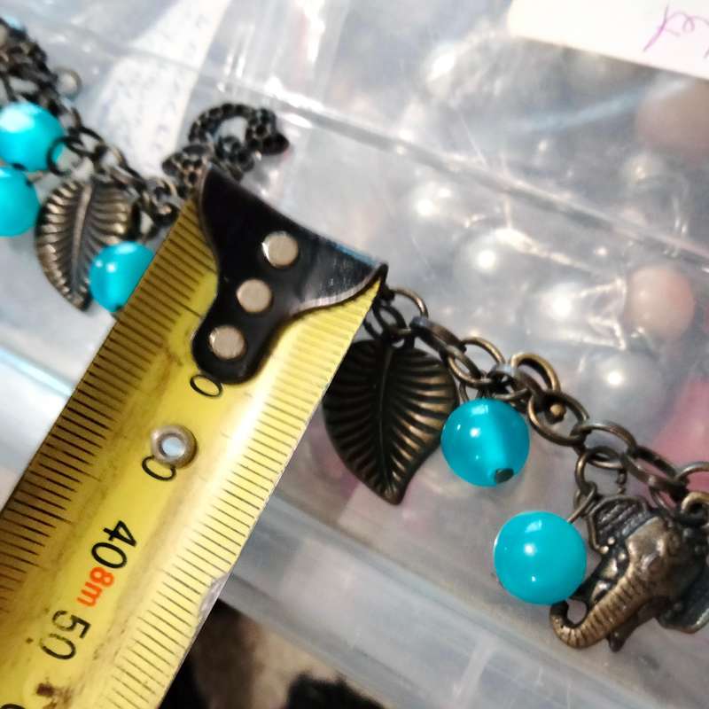 BRACELET Vintage Murano 12  blue lampwork glass beads handcrafted +6 Charms chain Oxidised style