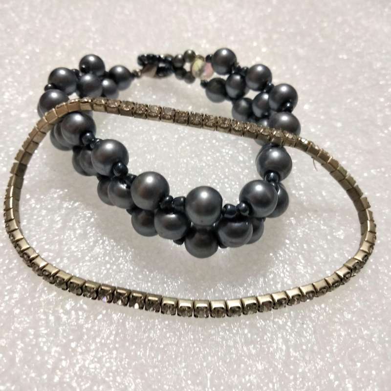 BRACELET 2 vintage 1 stretch TENNIS crystals  Faux Pearls deep grey
