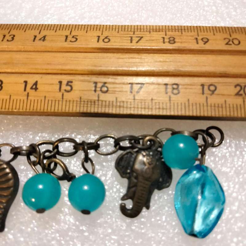 BRACELET Vintage Murano 12  blue lampwork glass beads handcrafted +6 Charms chain Oxidised style