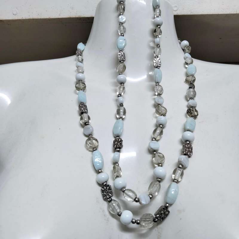 ITALIAN glass beads NECKLACE Lampwork GLASS BEADS blue white clear +metal spacers