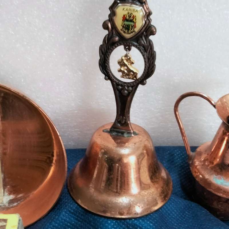 Copperware- Barometer in Pan hole to hang 1Bell, clanger+charm, small jug+1Shot mug+1 chrome+1 metal