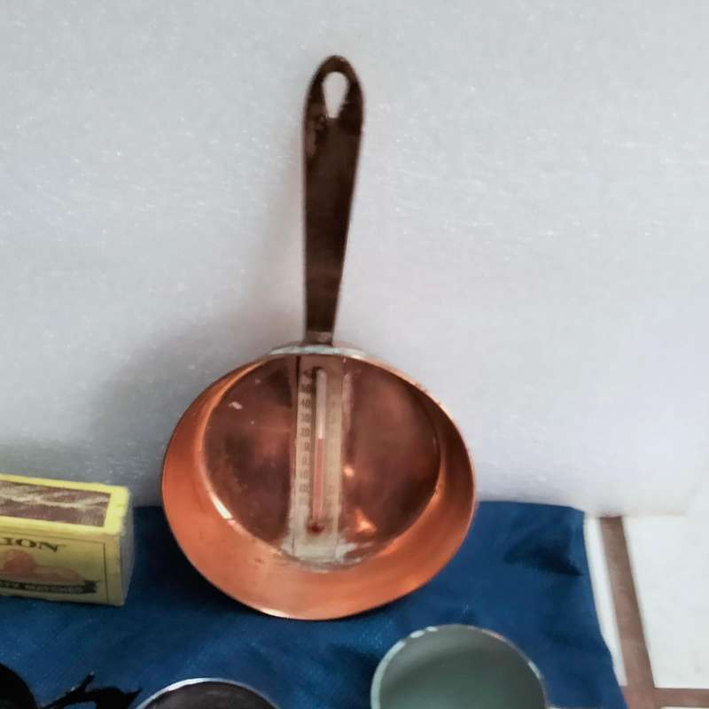 Copperware- Barometer in Pan hole to hang 1Bell, clanger+charm, small jug+1Shot mug+1 chrome+1 metal