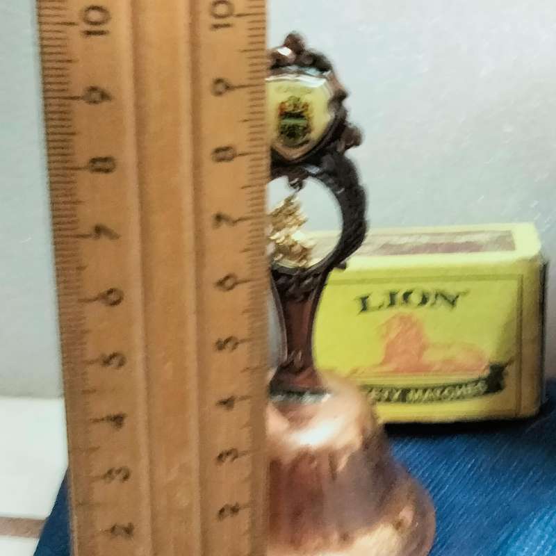 Copperware- Barometer in Pan hole to hang 1Bell, clanger+charm, small jug+1Shot mug+1 chrome+1 metal
