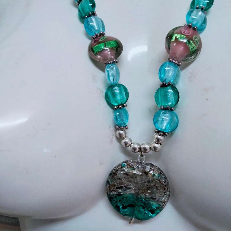 NECKLACE  MURANO Italian - WEDDING CAKE- handcrafted lampwork glass Vintage beads + other mix