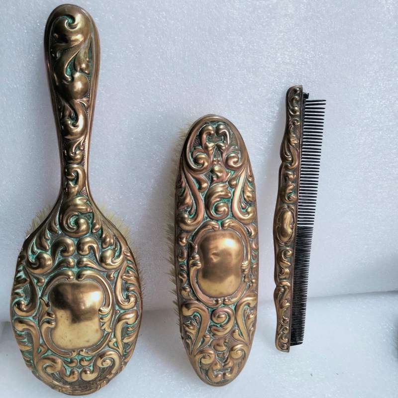 1900s Antique Art Nouveau Clothes Brush+Brush+Comb Set -Silver Plated all lost -Showing ware