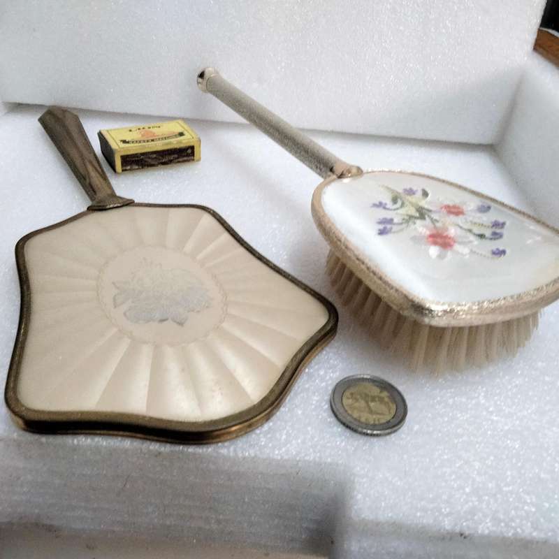 ENAMEL ROSE hand held mirror+ +Silver colour Back flowers  Vanity dressing table decor metal tone