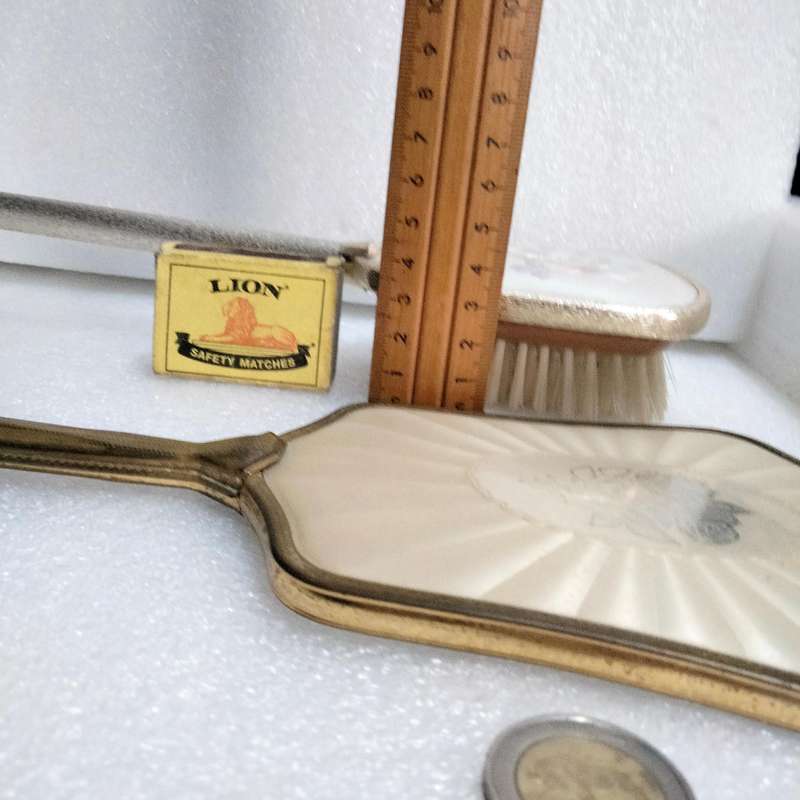 ENAMEL ROSE hand held mirror+ +Silver colour Back flowers  Vanity dressing table decor metal tone