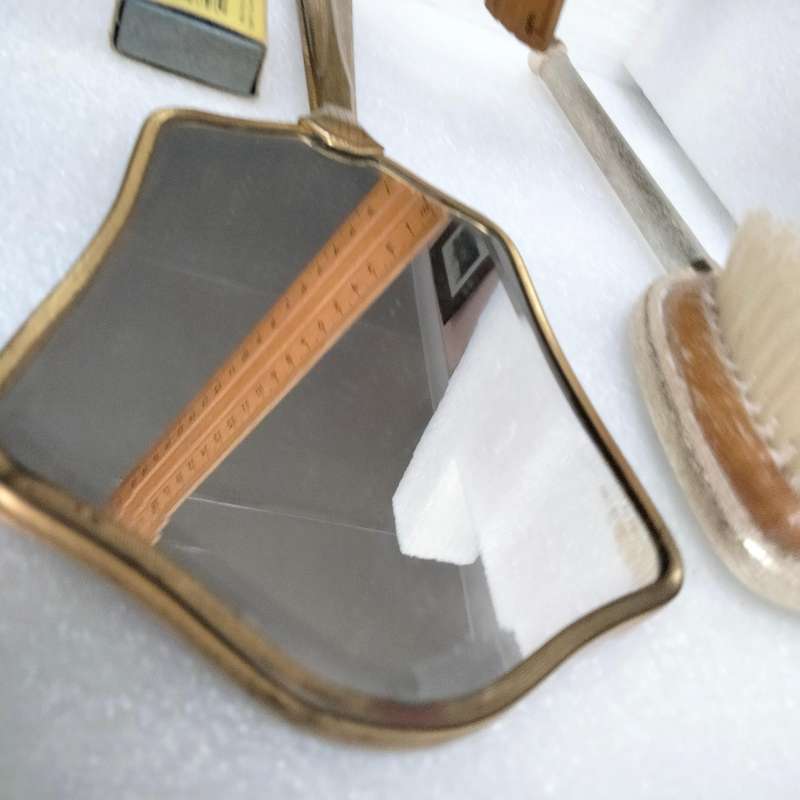 ENAMEL ROSE hand held mirror+ +Silver colour Back flowers  Vanity dressing table decor metal tone