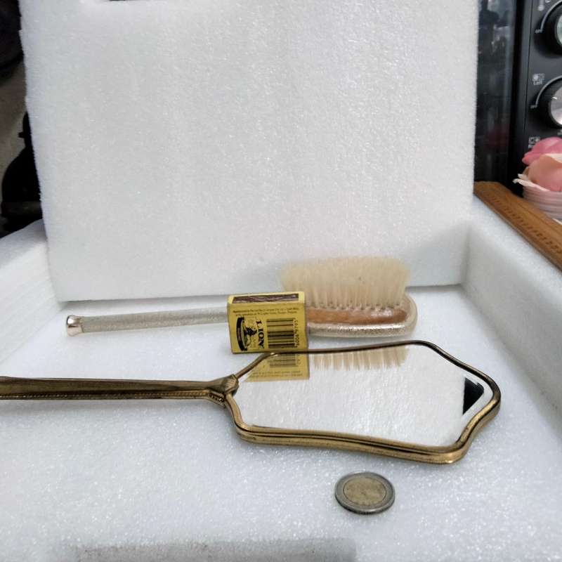 ENAMEL ROSE hand held mirror+ +Silver colour Back flowers  Vanity dressing table decor metal tone