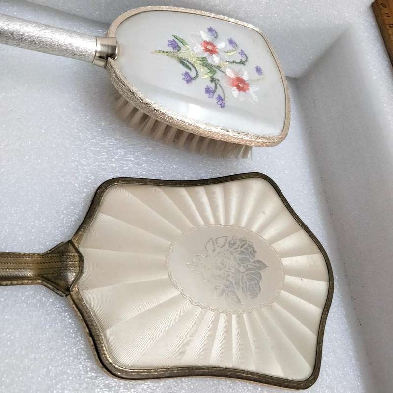 ENAMEL ROSE hand held mirror+ +Silver colour Back flowers  Vanity dressing table decor metal tone