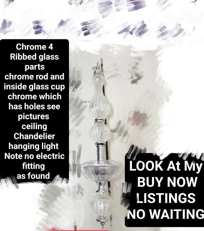 Chandelier ART Deco Chrome+3 ribbed Glass NO electric partsLOOK At My BUY NOW LISTINGS NO WAITING