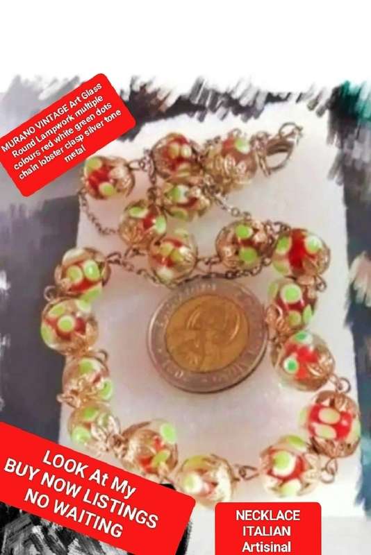 Necklace - Murano hand made Glass Lampwork spot green red white -chain Look at my buy now-No Waiting
