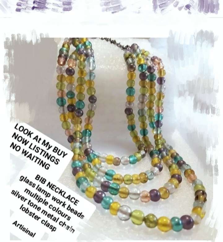 Bib NECKLACE - 4 strand ITALIAN lamp work Glass Beads Multicolour+Chain look at my Buy Now - No Wait