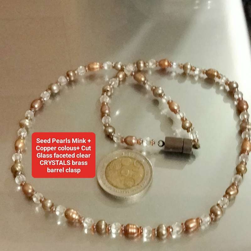 NECKLACE - Seed Pearls +copper gold colour spacers+Crystals Cut Glass faceted clear