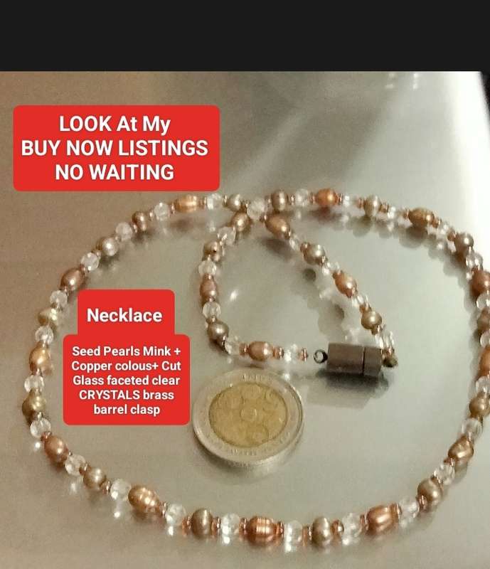 NECKLACE - Seed Pearls +copper gold colour spacers+Crystals Cut Glass faceted clear