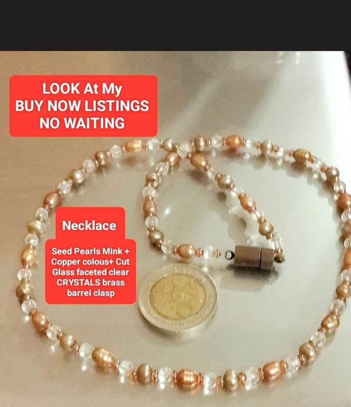 NECKLACE - Seed Pearls +copper gold colour spacers+Crystals Cut Glass faceted clear