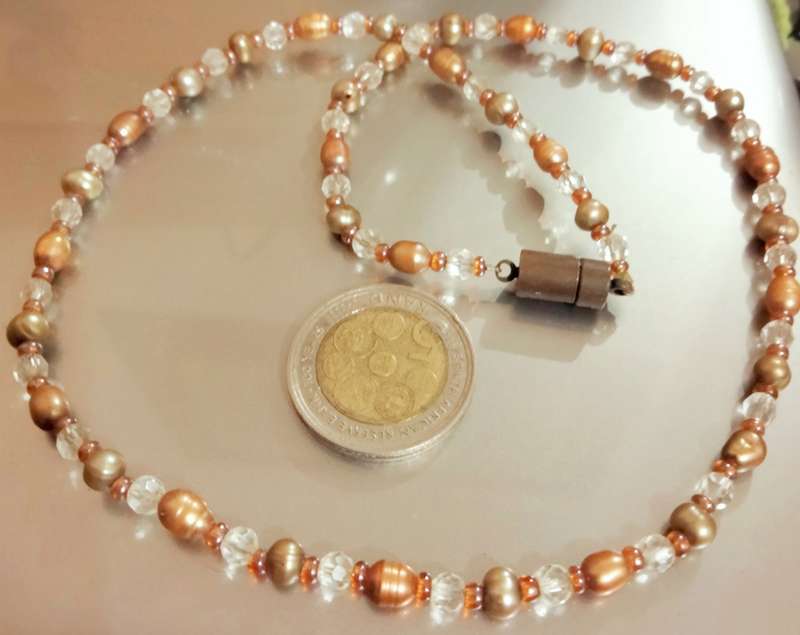 NECKLACE - Seed Pearls +copper gold colour spacers+Crystals Cut Glass faceted clear