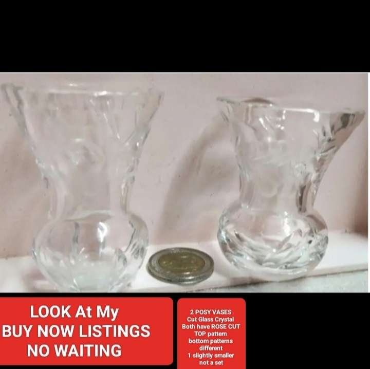 Vases 2 posy Rose cut glass crystal small Look at my Buy Now listings No Waiting