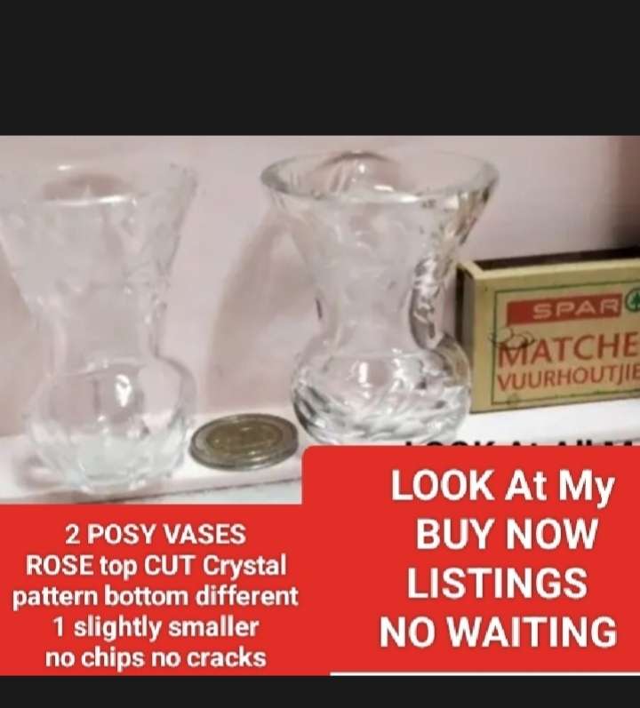 Vases 2 posy Rose cut glass crystal small Look at my Buy Now listings No Waiting