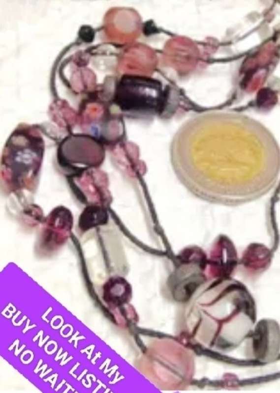Necklace Italian clear art Purple -pink - Fiori lampwork glass beads long vintage