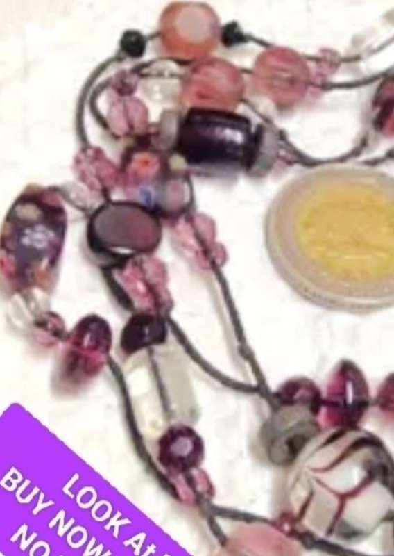 Necklace Italian clear art Purple -pink - Fiori lampwork glass beads long vintage