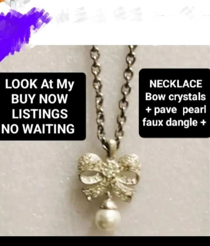 Necklace Bow PAVE crystals-larger mid crystal dangle faux pearl+Belcher Chain Stainless Steel chain