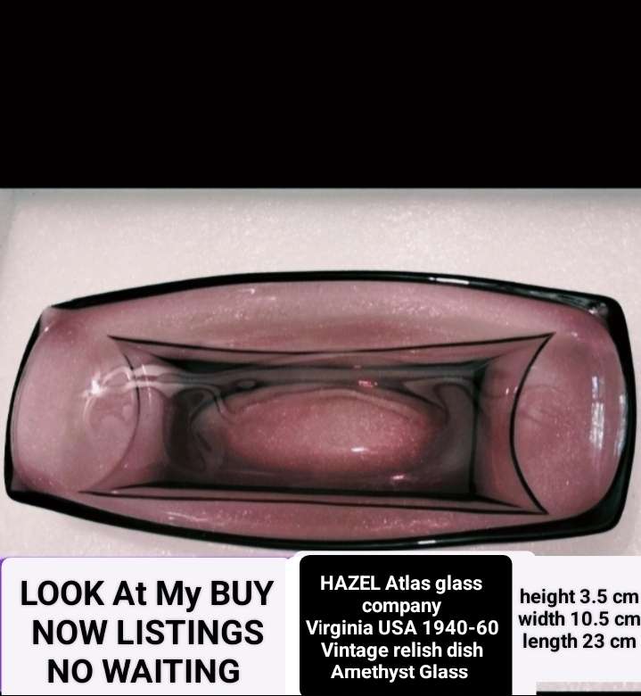 1940/60HAZEL Atlas glass company Amethyst relish dish+2crochet cloths Look at my Buy Now No Waiting