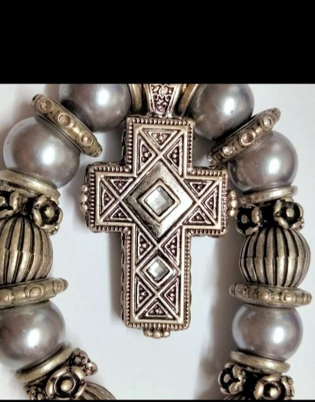 NECKLACE Cross double sided cut Glass clear faceted sq. crystal stones Gold Silver black metal chain