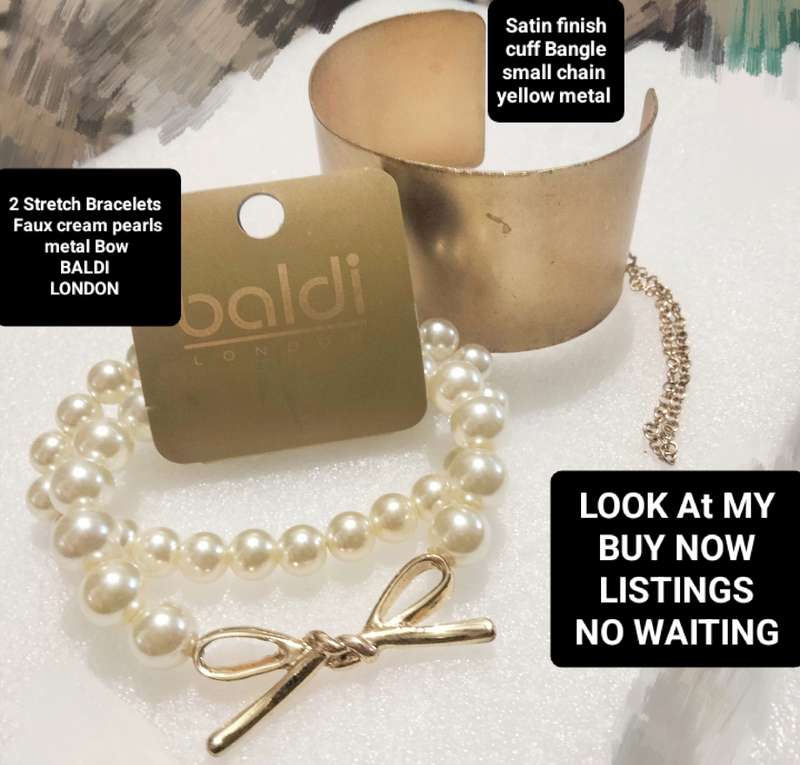 3 Bracelet 2 BALDI LONDON original label stretch Faux Pearl + Bangle Cuff yellow metal small chain