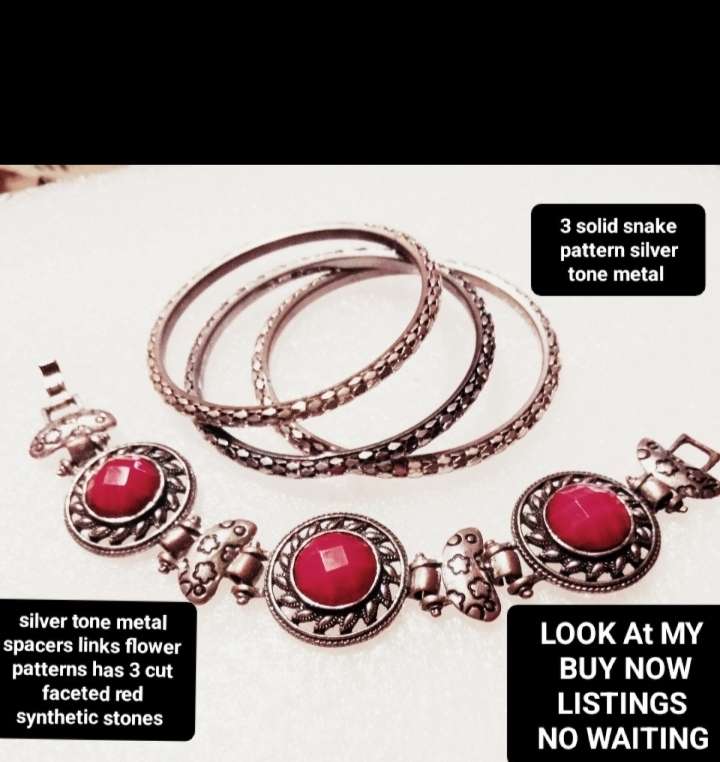 4 -3 Bangles solid snake pattern silver tone metal+ Bracelet round links cut faceted red synthetic s