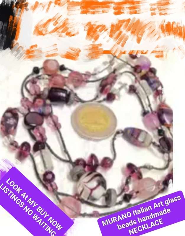 Necklace Italian clear art Purple -pink - Fiori lampwork glass beads long vintage