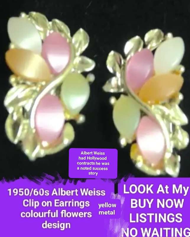1950/60`s Albert WEISS signed Earrings Clip on metal Look at my Buy Now listings No Waiting