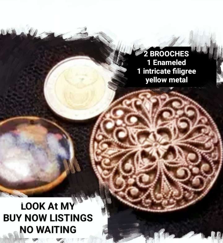 BROOCH 1 Silver Tone filigree style+1 Enamel top abstract Look at my Buy Now listings No Waiting