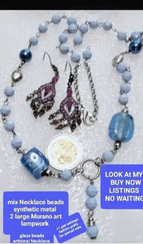 NECKLACE Italian glass foil lampwork 2 Big Blue+Synthetic+earrings LOOK at my BUY NOW - NO WAITING