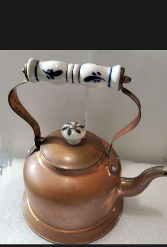 Vintage Kettle Copperware Delft ceramic handle + Lid finial Look at my BUY NOW listings NO Waiting