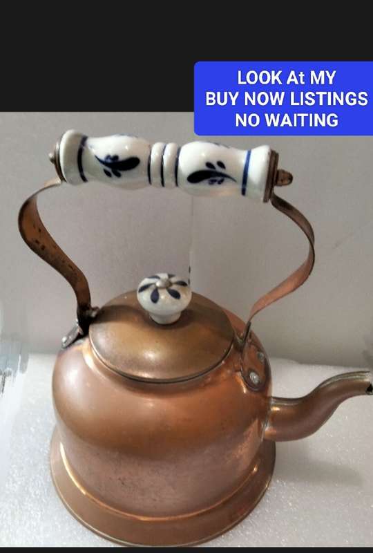 Vintage Kettle Copperware Delft ceramic handle + Lid finial Look at my BUY NOW listings NO Waiting