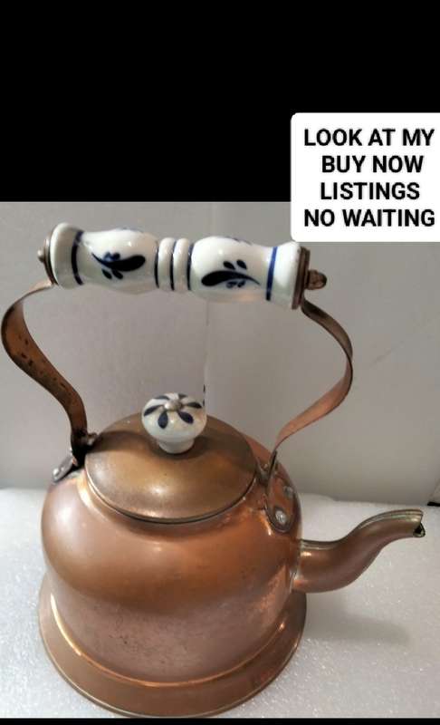 Vintage Kettle Copperware Delft ceramic handle + Lid finial Look at my BUY NOW listings NO Waiting