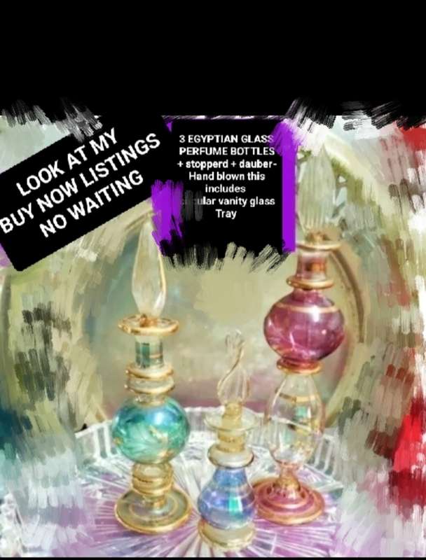 3 Perfume Bottles+Stoppers+Daubers+1 Glass Vanity Tray Egyptian hand blown Empty