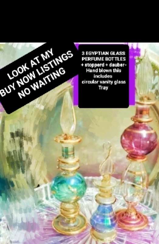 3 Perfume Bottles+Stoppers+Daubers+1 Glass Vanity Tray Egyptian hand blown Empty